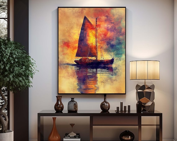 Sailboat Golden Sunset Watercolor Warm Orange Teal Sea Art Poster