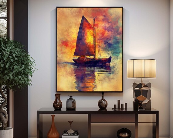 Sunset Sailboat Art Vibrant Nautical Canvas Abstract Seascape Wall Colorful Sailing Print Ready To Hang Decor