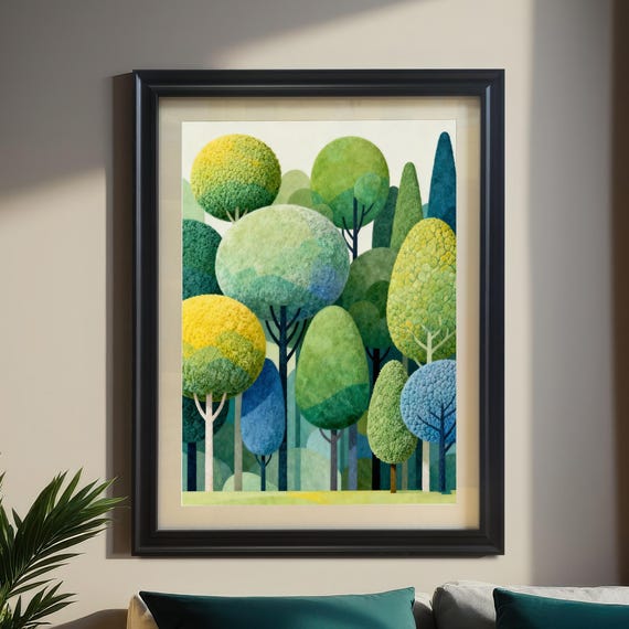Midcentury Modern Forest Art Print Abstract Landscape Wall Decor Wood Frame