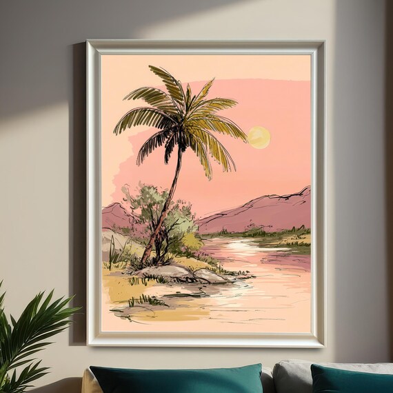 Sketch Style Palm Tree by River Pink Sunset Minimalist Tropical Poster