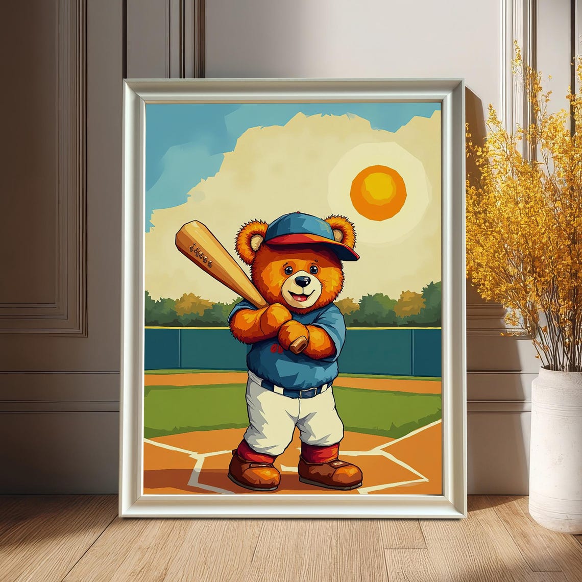 Cute Teddy Bear Baseball Player Holding Bat On Sunny Field Poster