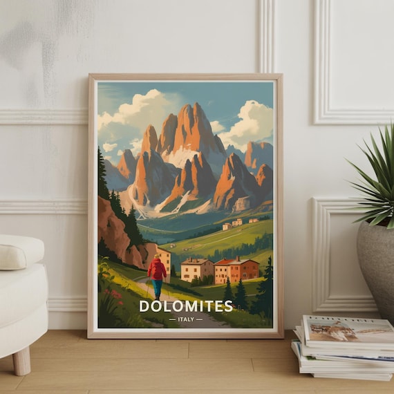 Dolomites Italy Red Jacket Hiker Mountain Peaks Travel Poster