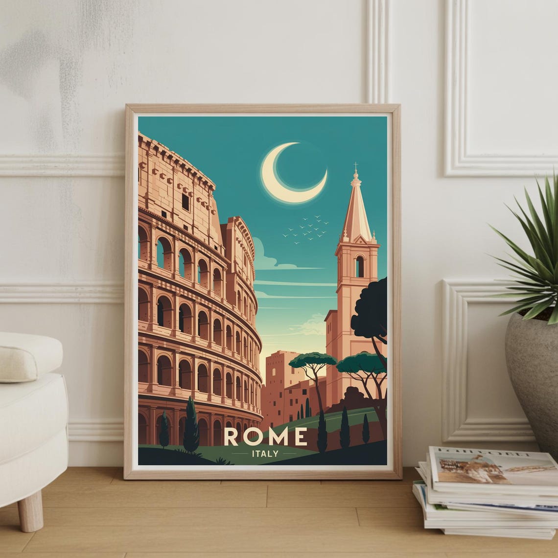 Rome Italy Travel Poster Colosseum Under Crescent Moon At Night