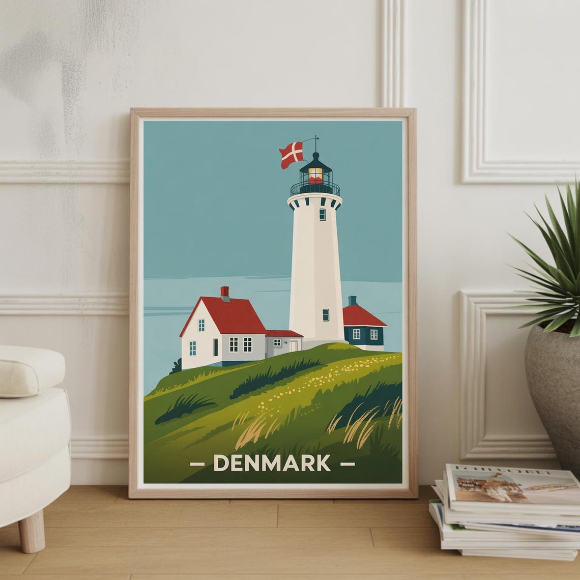 Denmark Lighthouse Danish Flag Scandinavian Coast Travel Poster