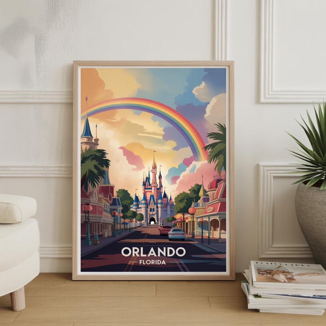 Orlando Florida Fairytale Castle Rainbow Main Street Travel Poster