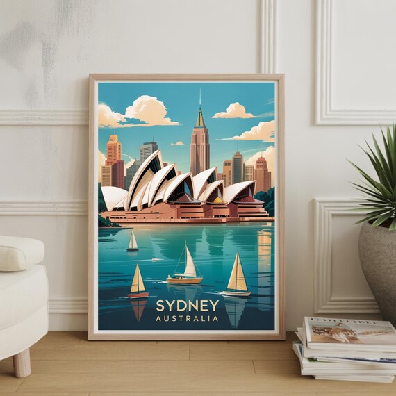 Sydney Australia Opera House Harbor Vintage Travel Art Poster