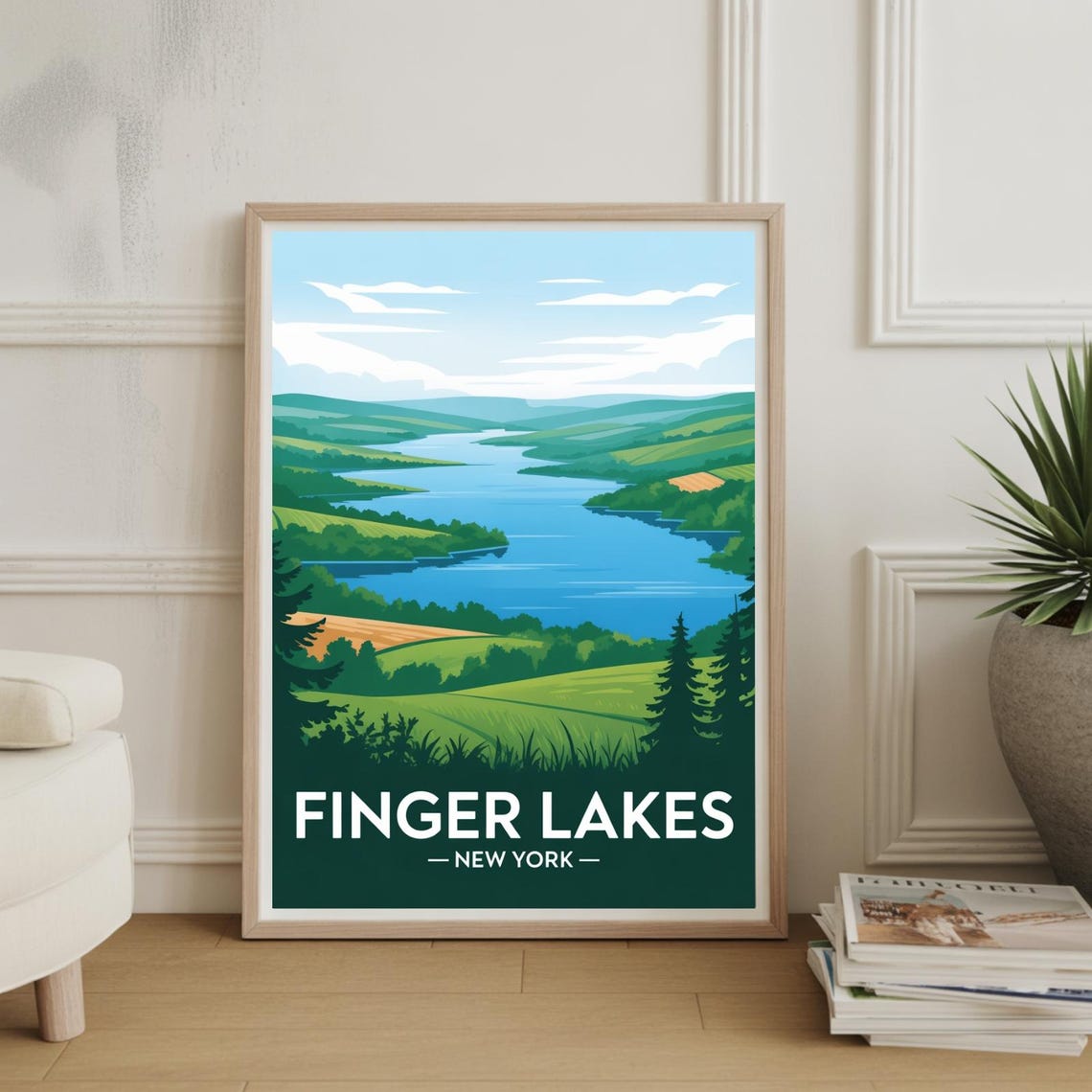 Finger Lakes New York Green Rolling Hills Lake Travel Poster