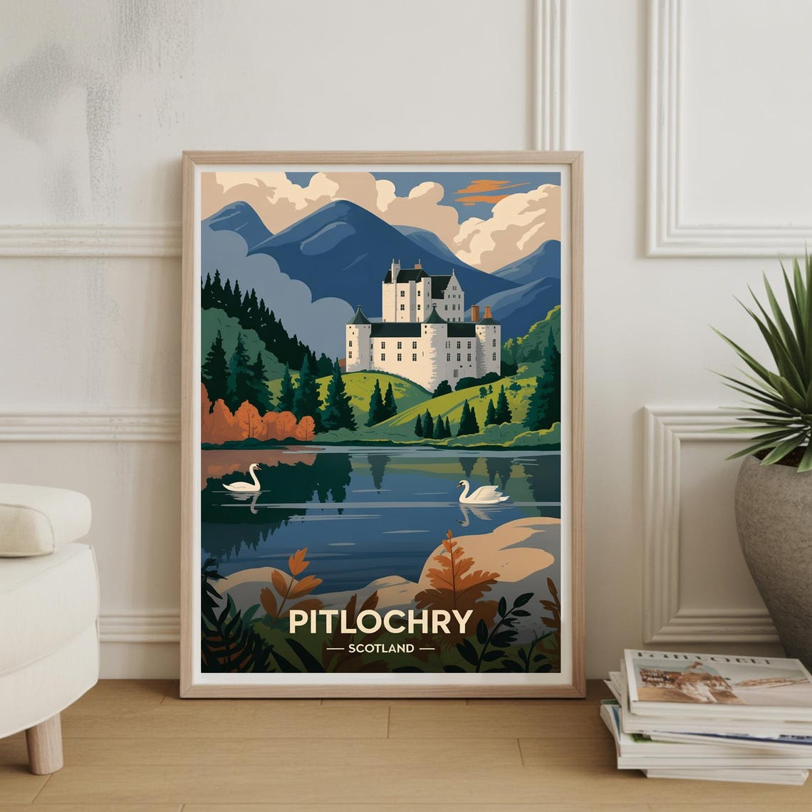 Pitlochry Scotland Castle by the Loch with Swans Travel Poster