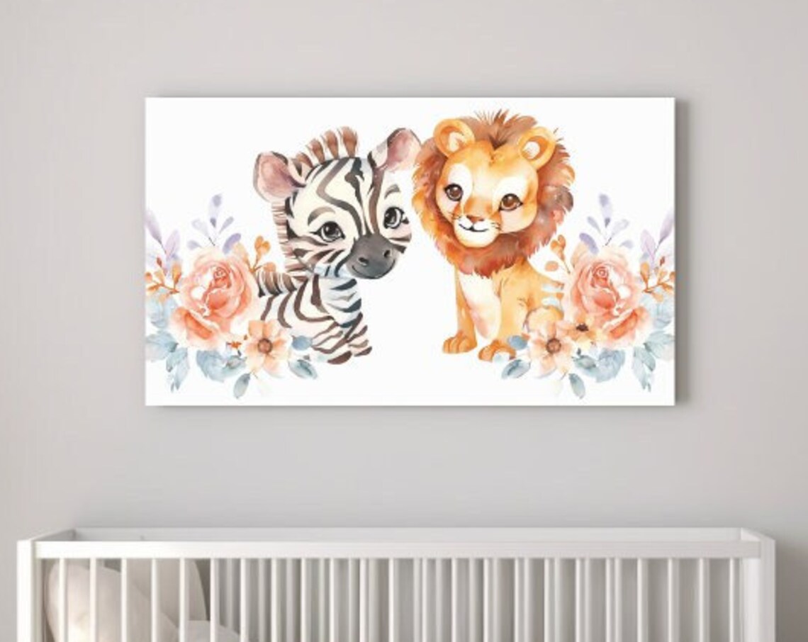 Baby Zebra And Lion Cub Floral Watercolor Nursery Wall Art Print