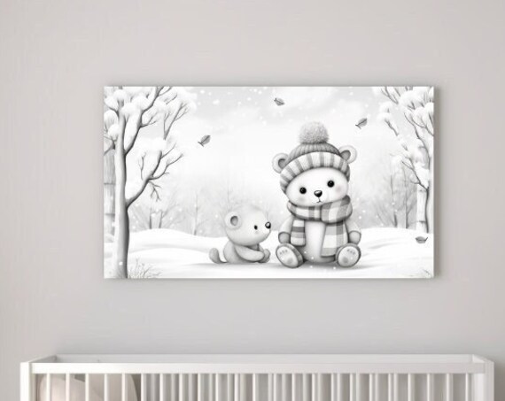 Baby Bear and Tiny Friend Snowy Forest Grayscale Nursery Wall Poster