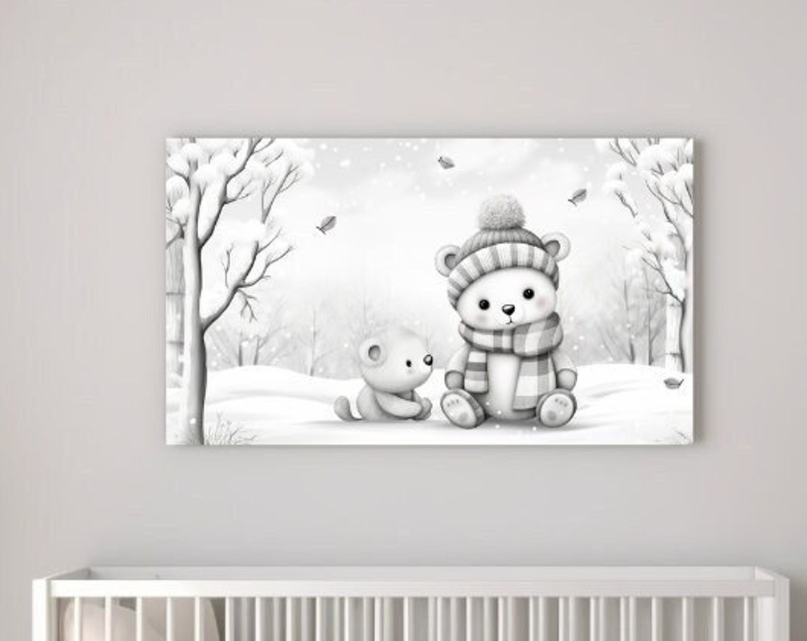 Baby Bear and Tiny Friend Snowy Forest Grayscale Nursery Wall Poster