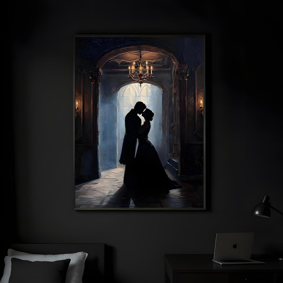 Silhouetted Couple in Candlelit Gothic Archway Romance Art Poster