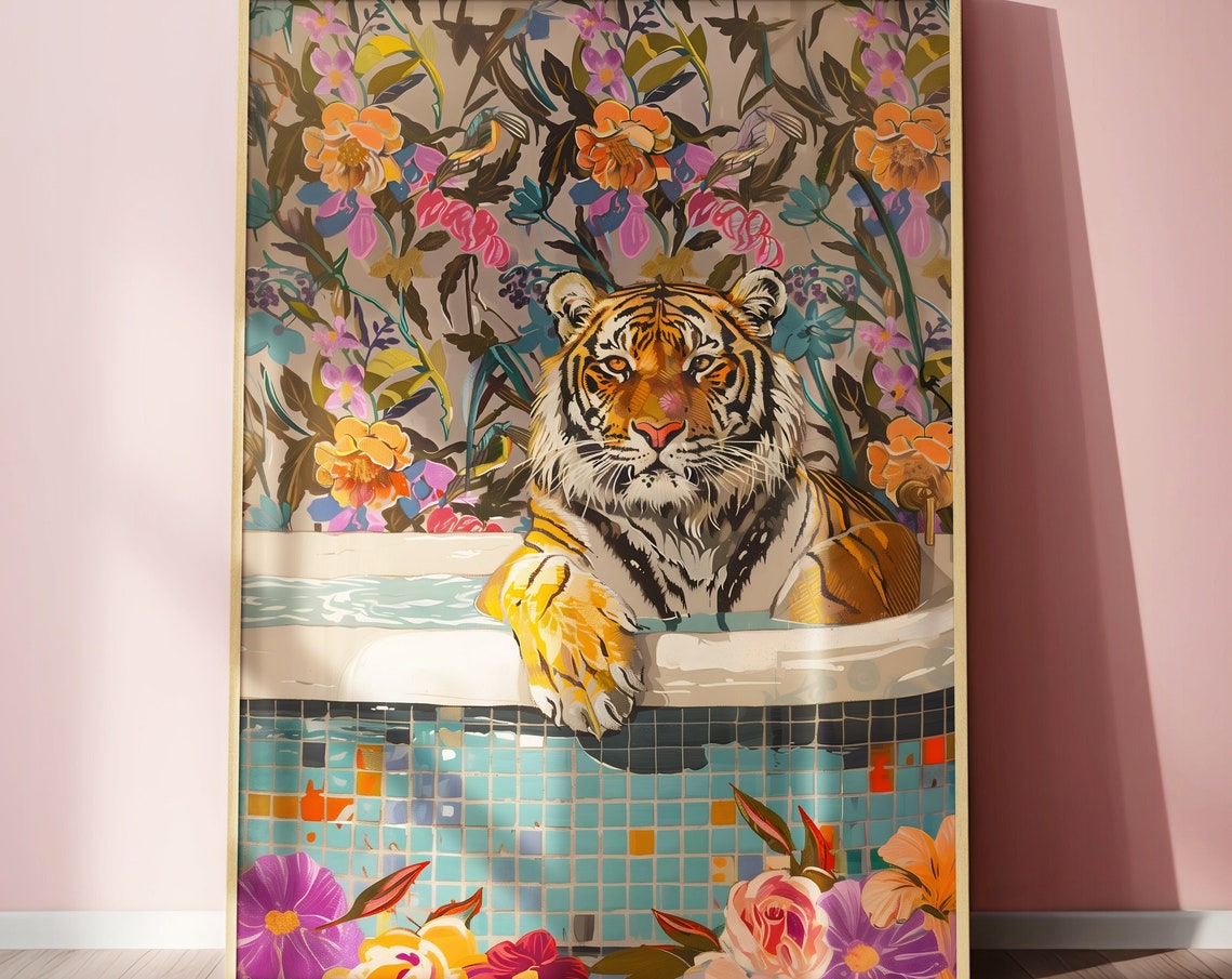 Tiger Relaxing in a Bathtub With Floral Wallpaper Whimsical Poster - Image 3