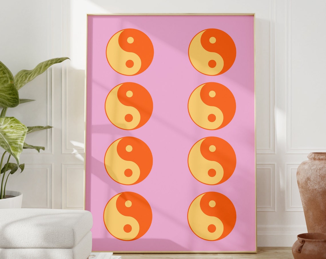 Yin Yang Grid Pattern Orange Pink Retro Boho Balance Wall Poster