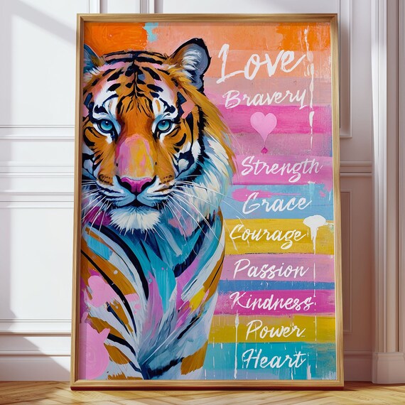 Colorful Tiger With Love Bravery Strength Words Motivational Poster