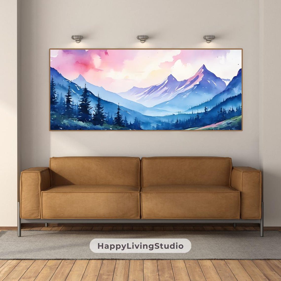 Blue Mountain Valley Watercolor Pink Dawn Sky Pine Forest Poster - Image 2