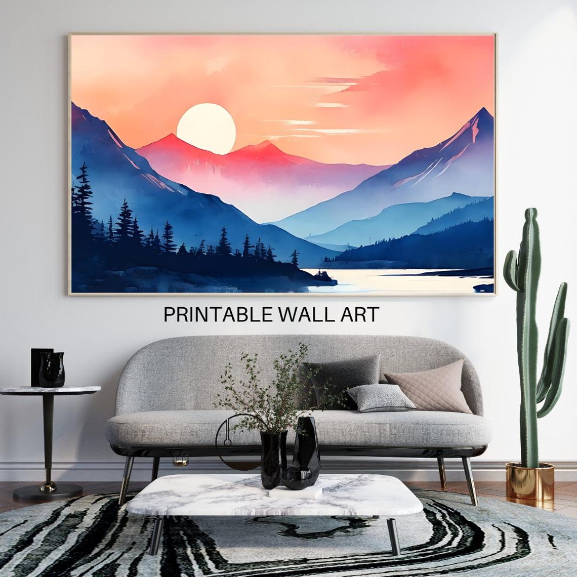 Mountain Sunset Panorama Watercolor Orange Sun Lake Silhouette Poster - Image 4