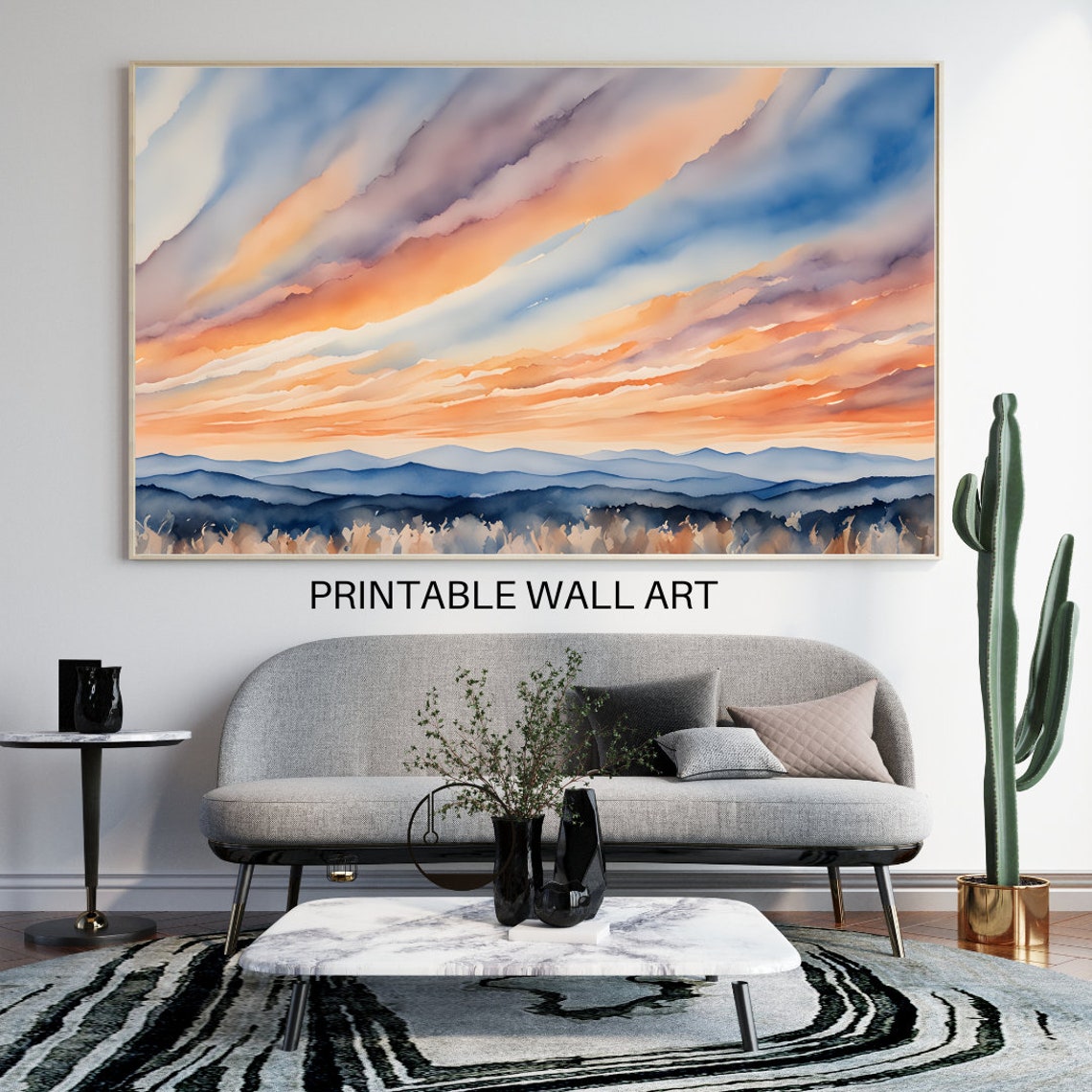 Wispy Sunset Clouds Watercolor Blue Mountain Horizon Wall Poster - Image 3