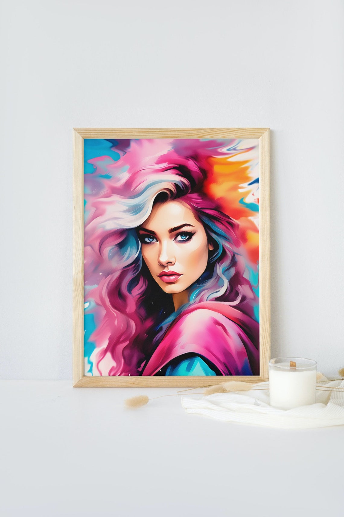 Vibrant Watercolor Woman Portrait Magenta Blue Hair Beauty Art Poster
