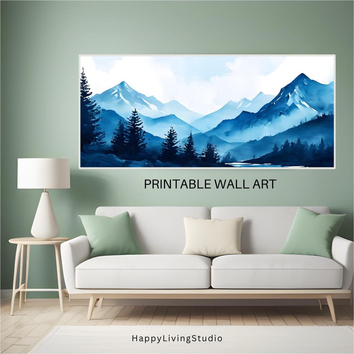Monochrome Blue Mountains Watercolor Pine Forest Panorama Wall Poster - Image 3