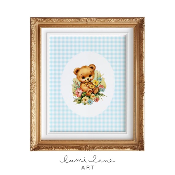 Teddy Bear with Flowers Blue Gingham Cute Nursery Art Poster