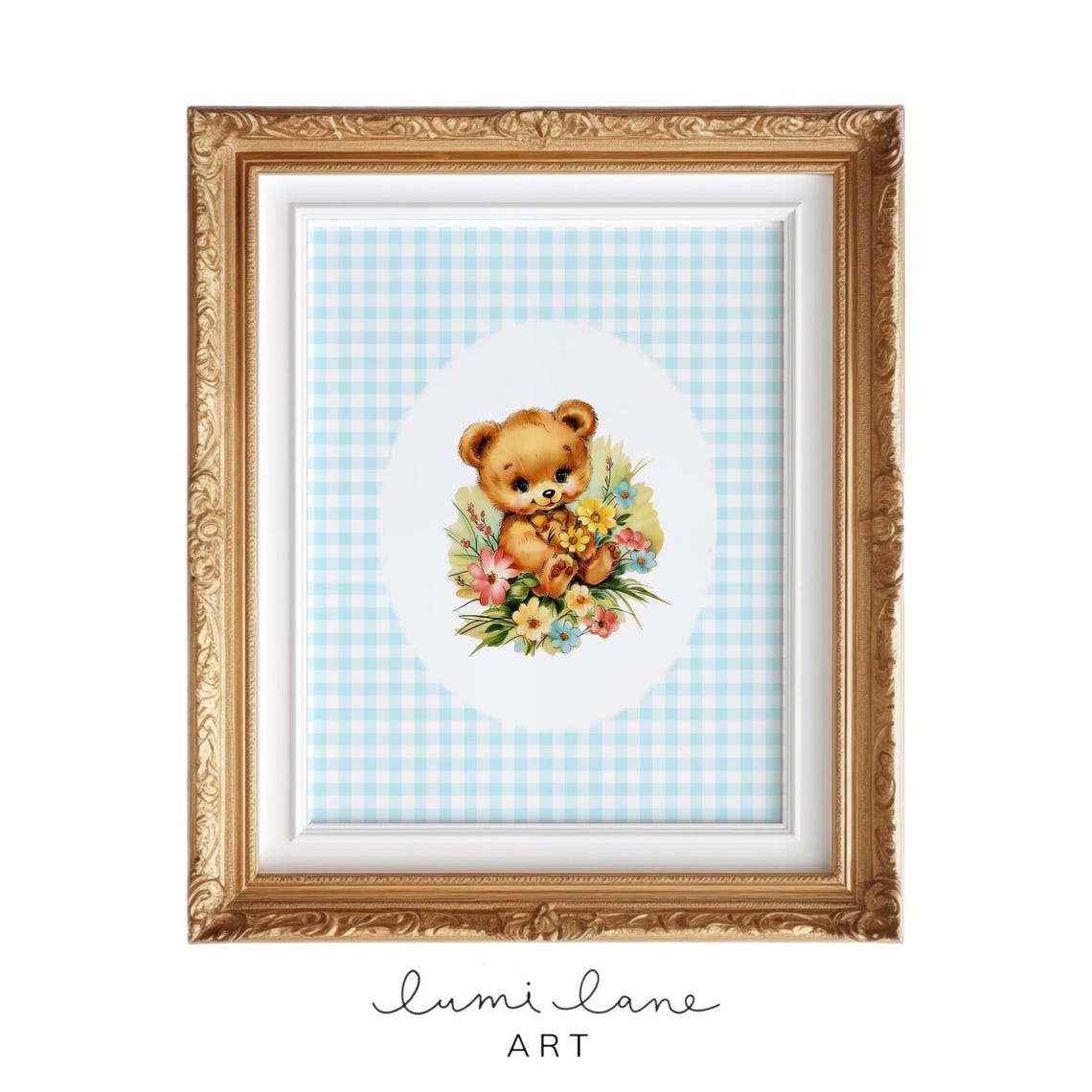 Teddy Bear with Flowers Blue Gingham Cute Nursery Art Poster