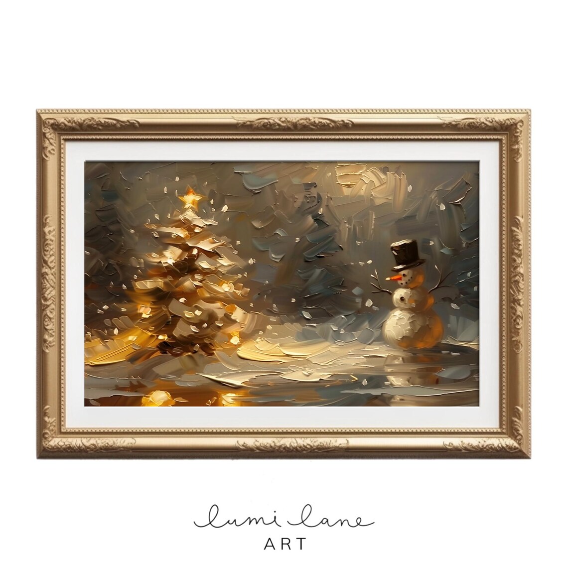 Snowman And Christmas Tree Starry Night Winter Oil Painting Wall Poster