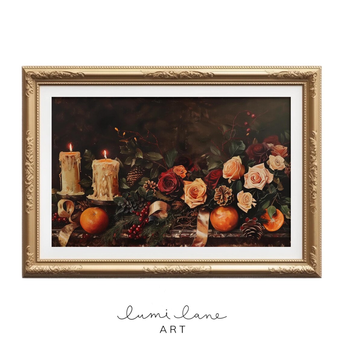 Christmas Mantel Still Life Oil Painting Candles Roses Holiday Wall Poster