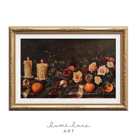 Christmas Mantel Frame Tv And Art Oil Painting Texture Nostalgic Dark Moody Classic Print Above The Fireplace