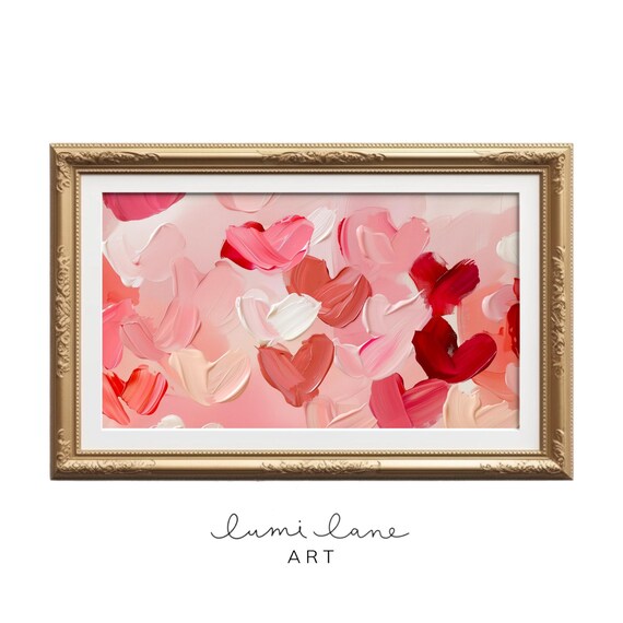Red And Pink Textured Hearts Ombre Love Heart Oil Painting Valentines Day Galentines Frame Tv Art Print Pretty