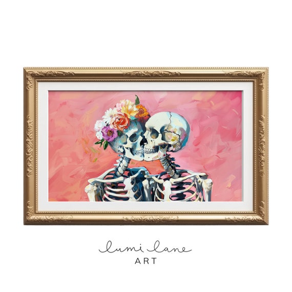 Halloween Skeletons Art Oil Painting Texture Bright And Beautiful Flower Crown Pretty Boo Instant Print Frame Tv