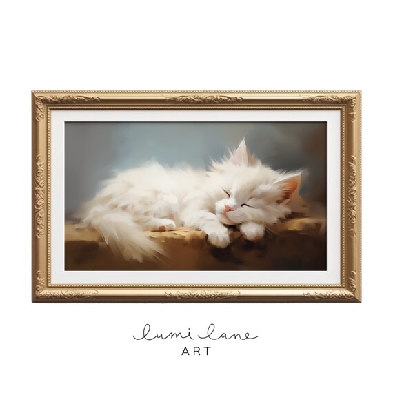 White Sleeping Kitten Soft Oil Painting Vintage Cat Portrait Poster