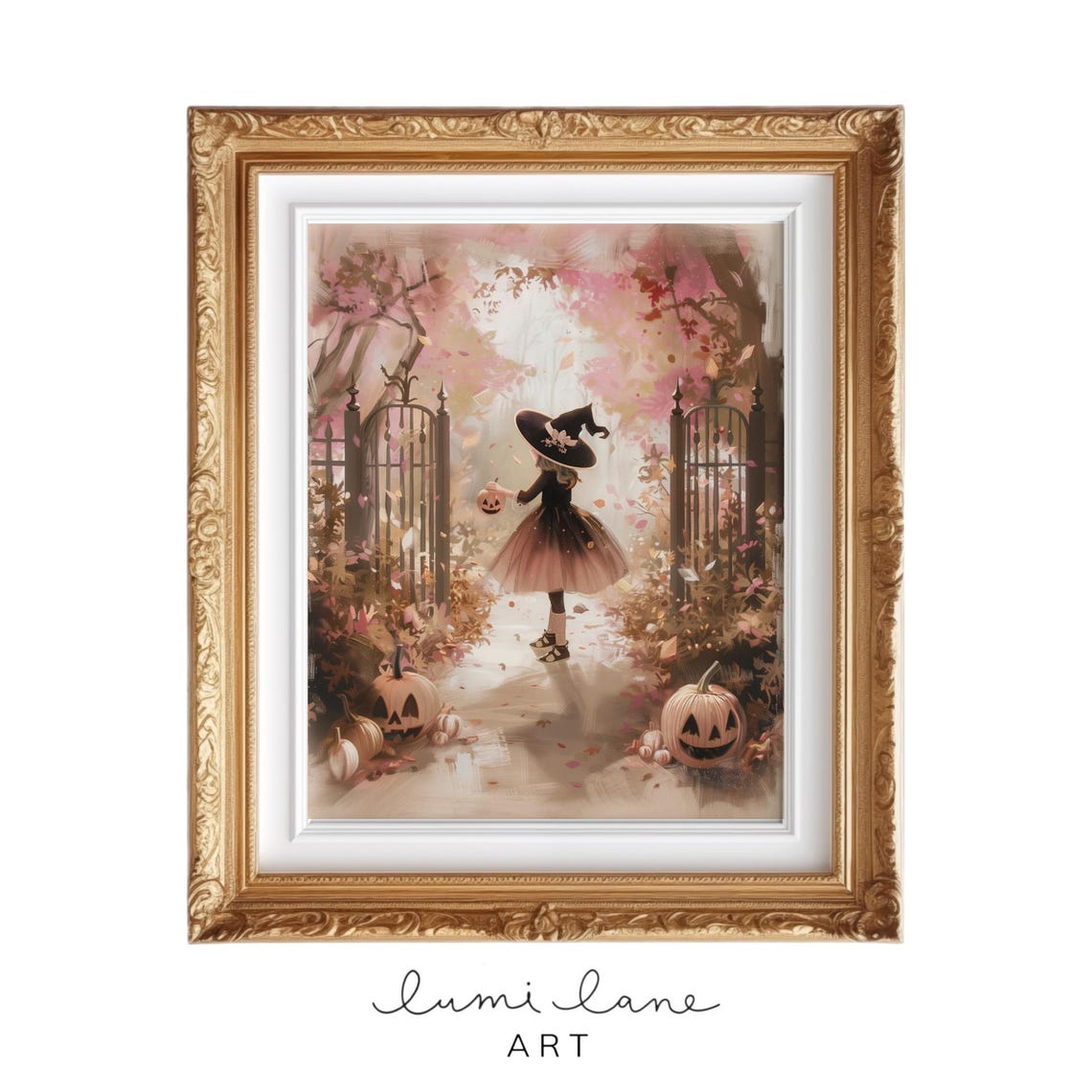 Cute Pink Halloween Witch Girl Pumpkins Autumn Magic Art Poster