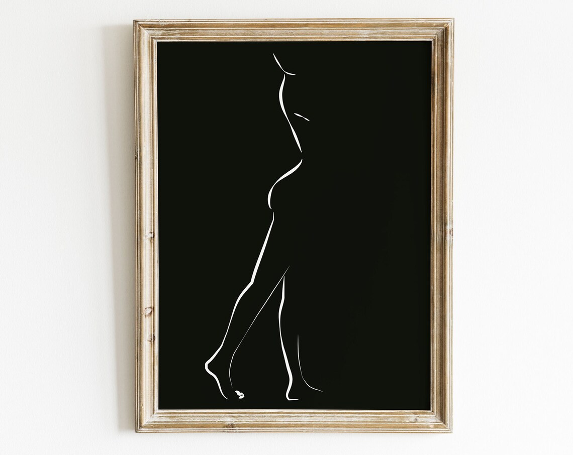 Standing Woman Silhouette White Line Drawing Black Background Art Print