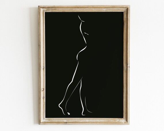 Female Body Outline Woman Figure Print Contour Naked Line Drawing Dark Background Posters File