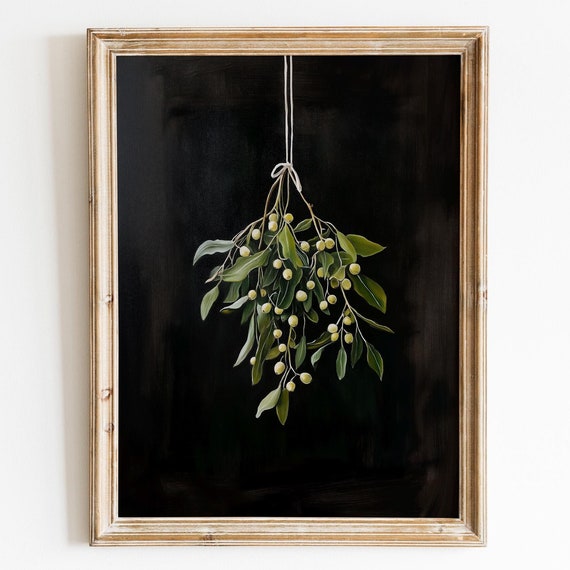 Mistletoe Branch Wall Art Festive Oil Painting Print Mistletoe Painting Rustic Black Background Holiday Artwork Winter Greenery
