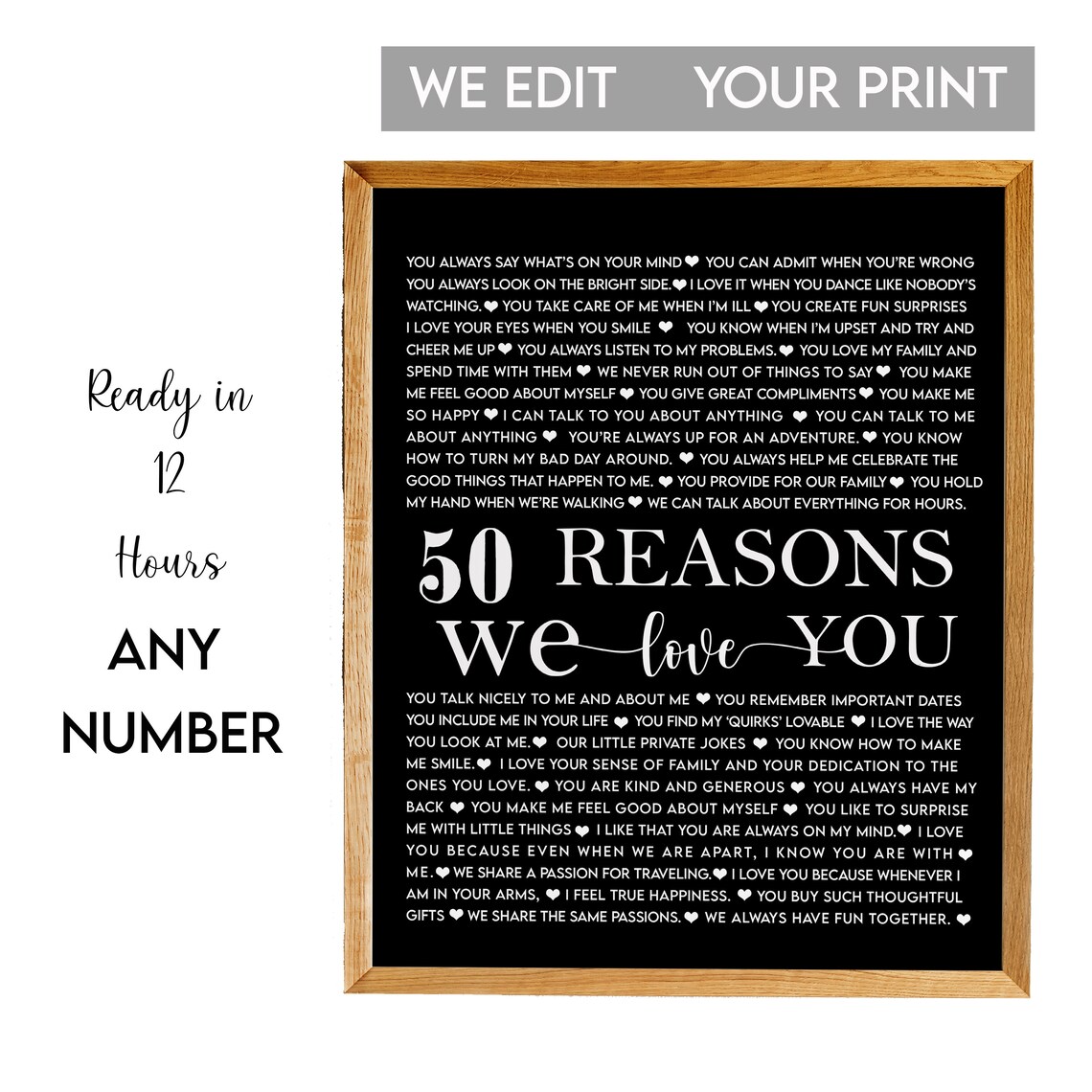 50 Reasons We Love You White on Black Typographic Keepsake Poster