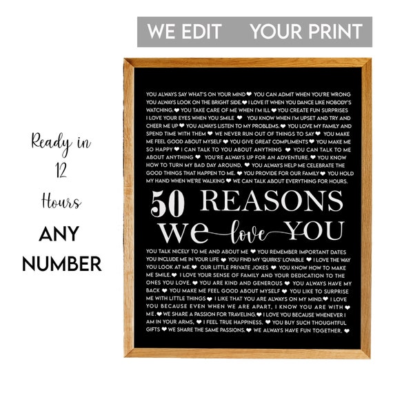50 Reasons We Love You White on Black Typographic Keepsake Poster