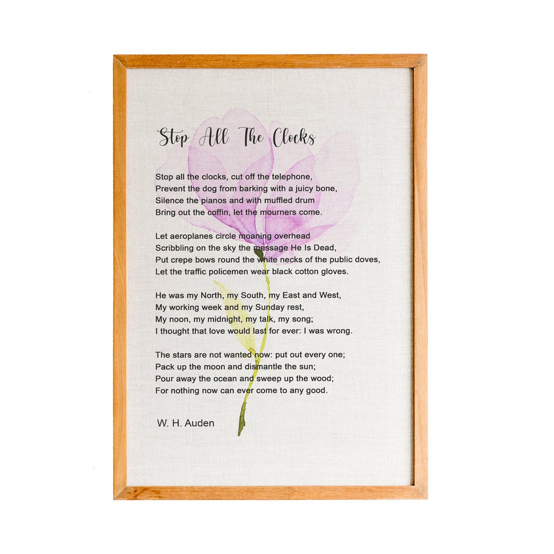 W H Auden Stop All the Clocks Funeral Blues Poem Purple Flower Poster