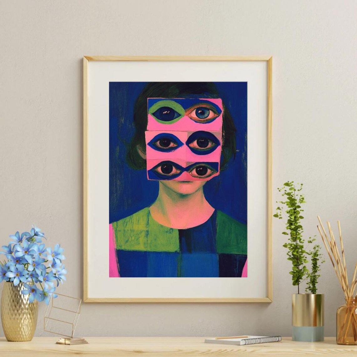 Neon Visions Surreal Six Eye Portrait Pink Blue Pop Art Poster