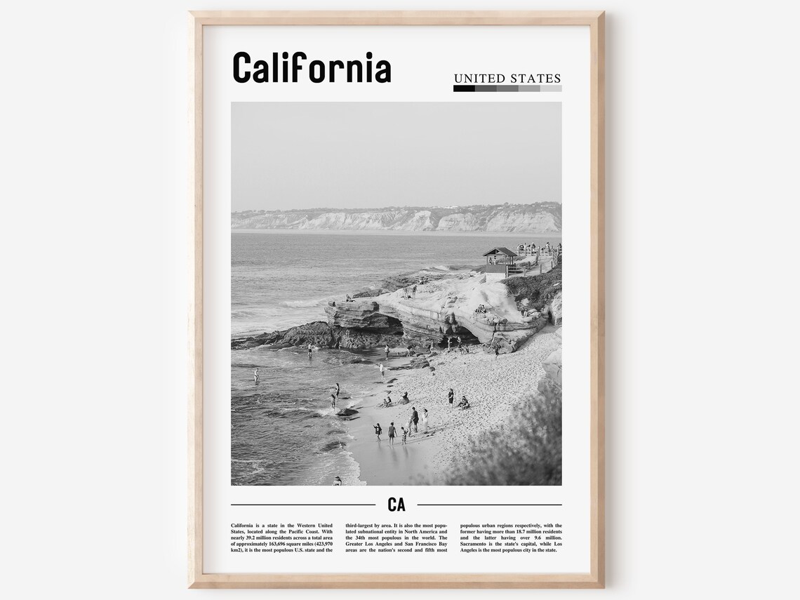 California Minimal Travel Poster, Black And White