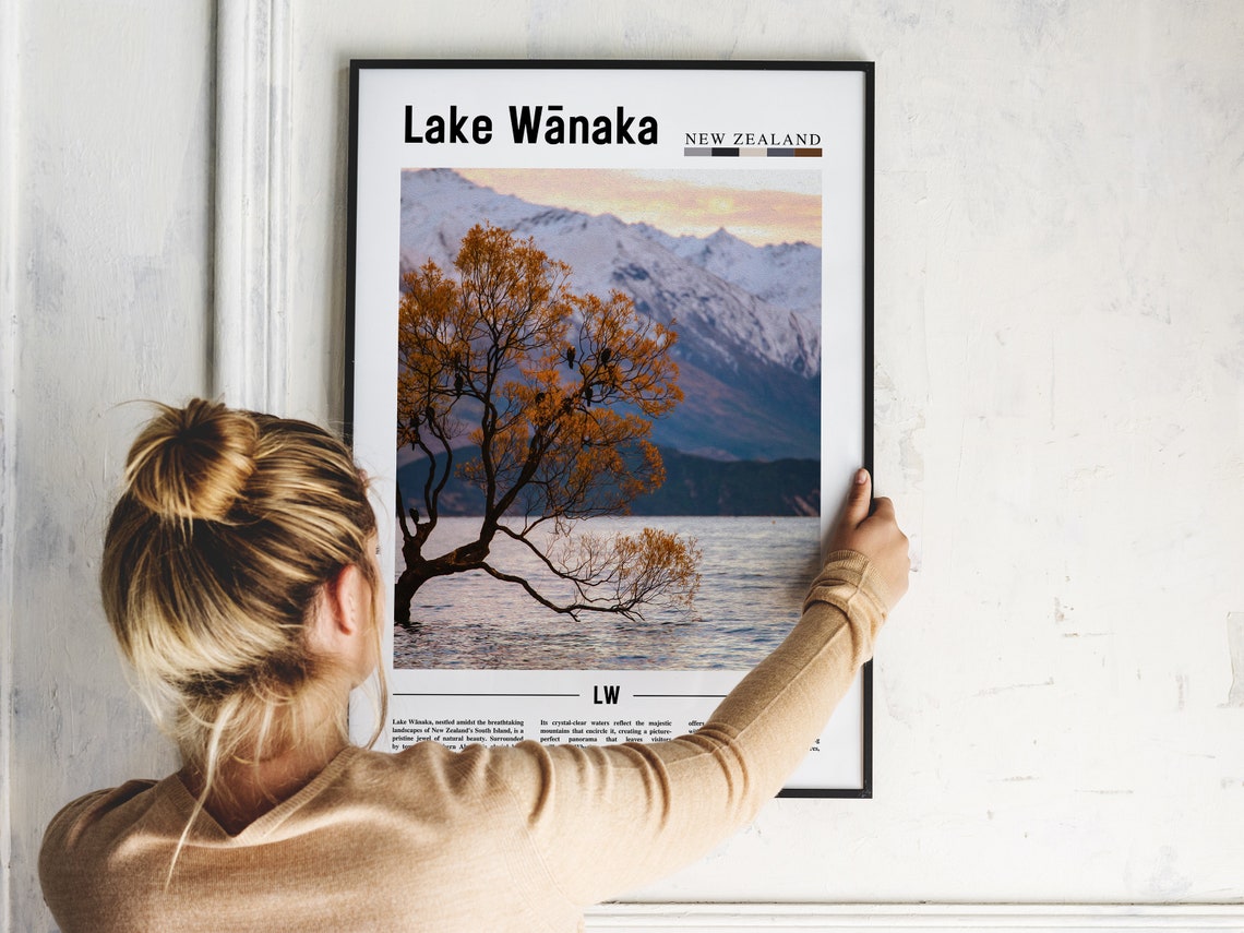 Lake Wnaka Poster Lake Wnaka Print Lake Wnaka Wall Art Minimal Travel Print Travel Destination Oil Painting Poster - Image 5