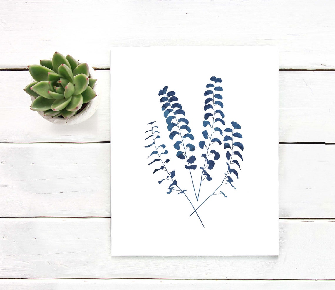 Indigo Blue Eucalyptus Branches Watercolor Botanical Minimal Print
