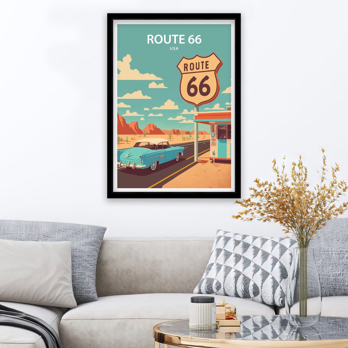Route 66 USA Highway Shield Classic Car Desert Retro Travel Poster - Image 2
