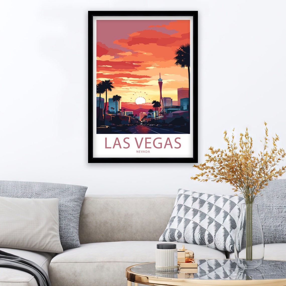 Las Vegas Nevada Sunset Skyline STRAT Tower Palm Trees Art Poster - Image 3