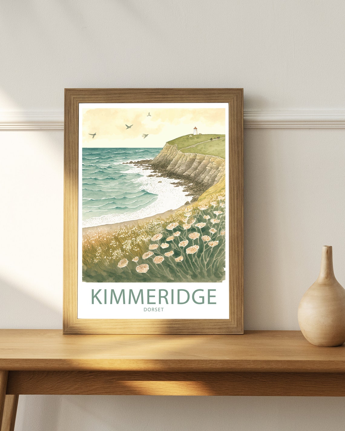 Kimmeridge Bay Dorset Cliffs Watercolor Lighthouse Wildflower Poster - Image 4