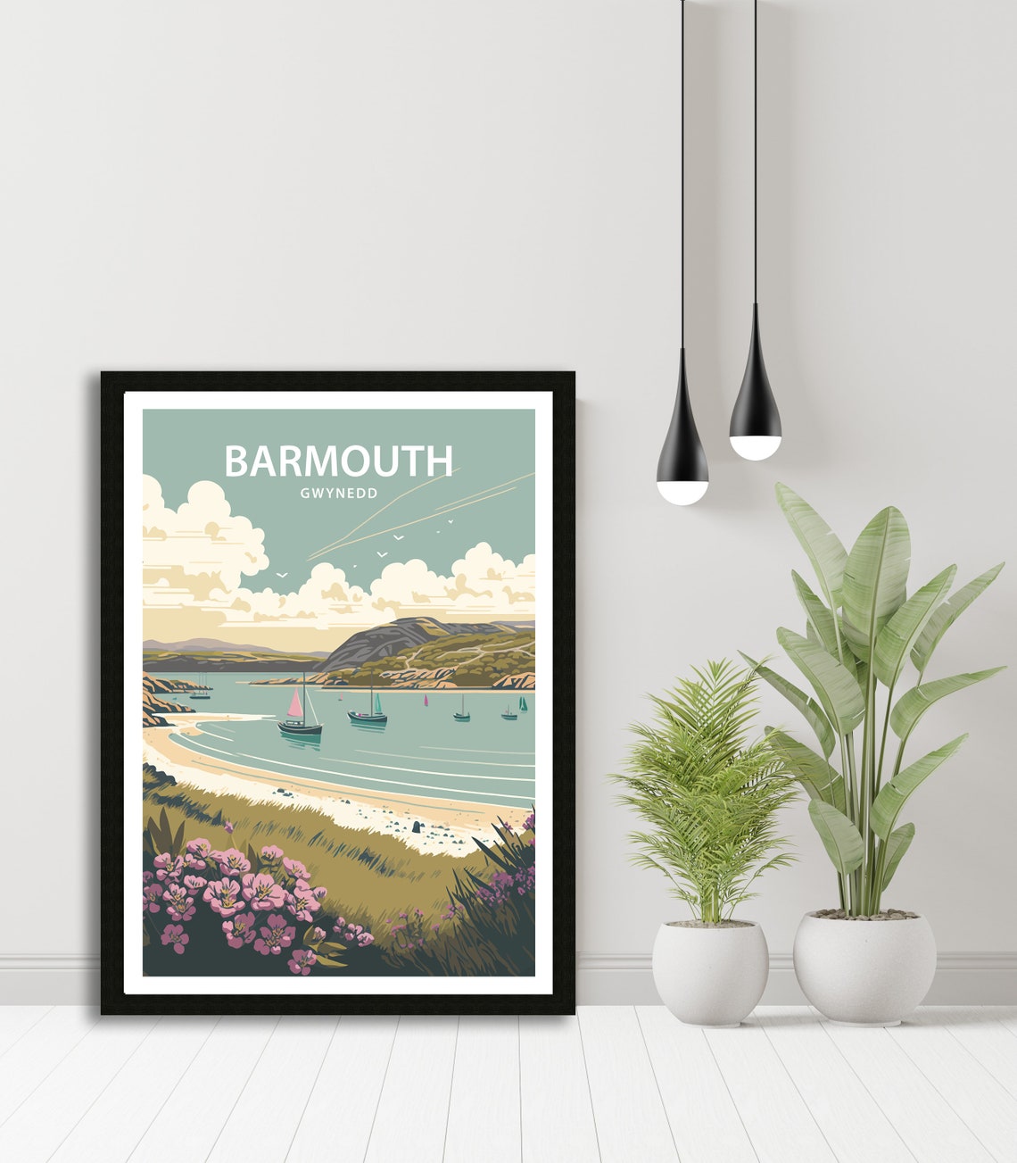 Barmouth Gwynedd Wales Sailboat Harbor Pink Flowers Travel Poster - Image 3