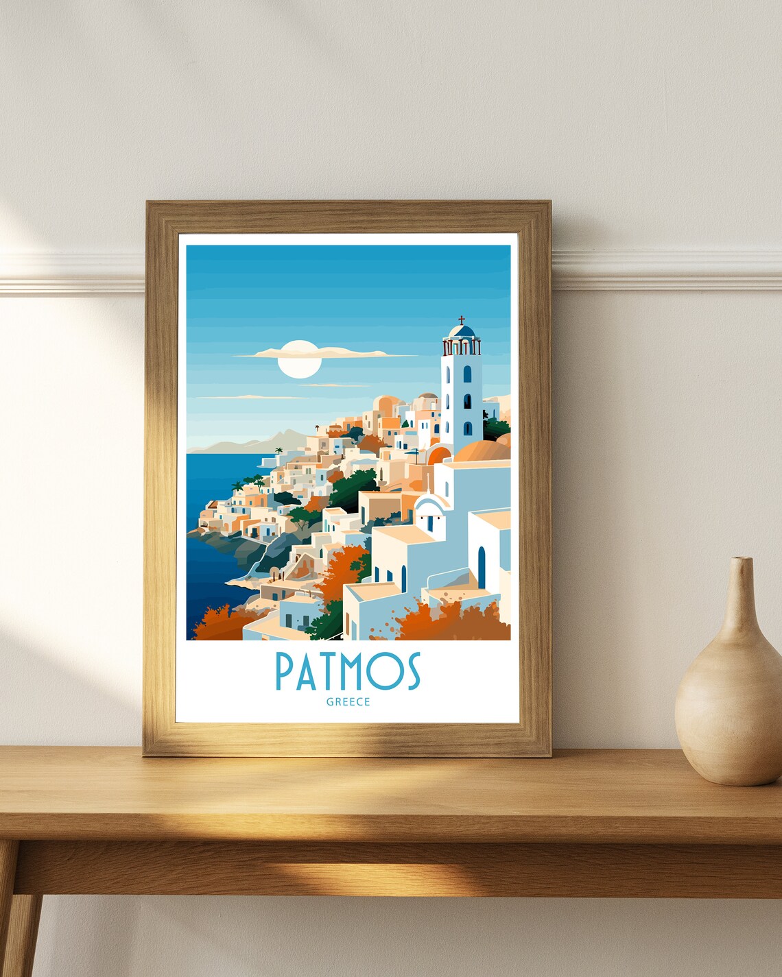 Patmos Greece Hillside Town Bell Tower Moon Over Sea Travel Art Poster - Image 4