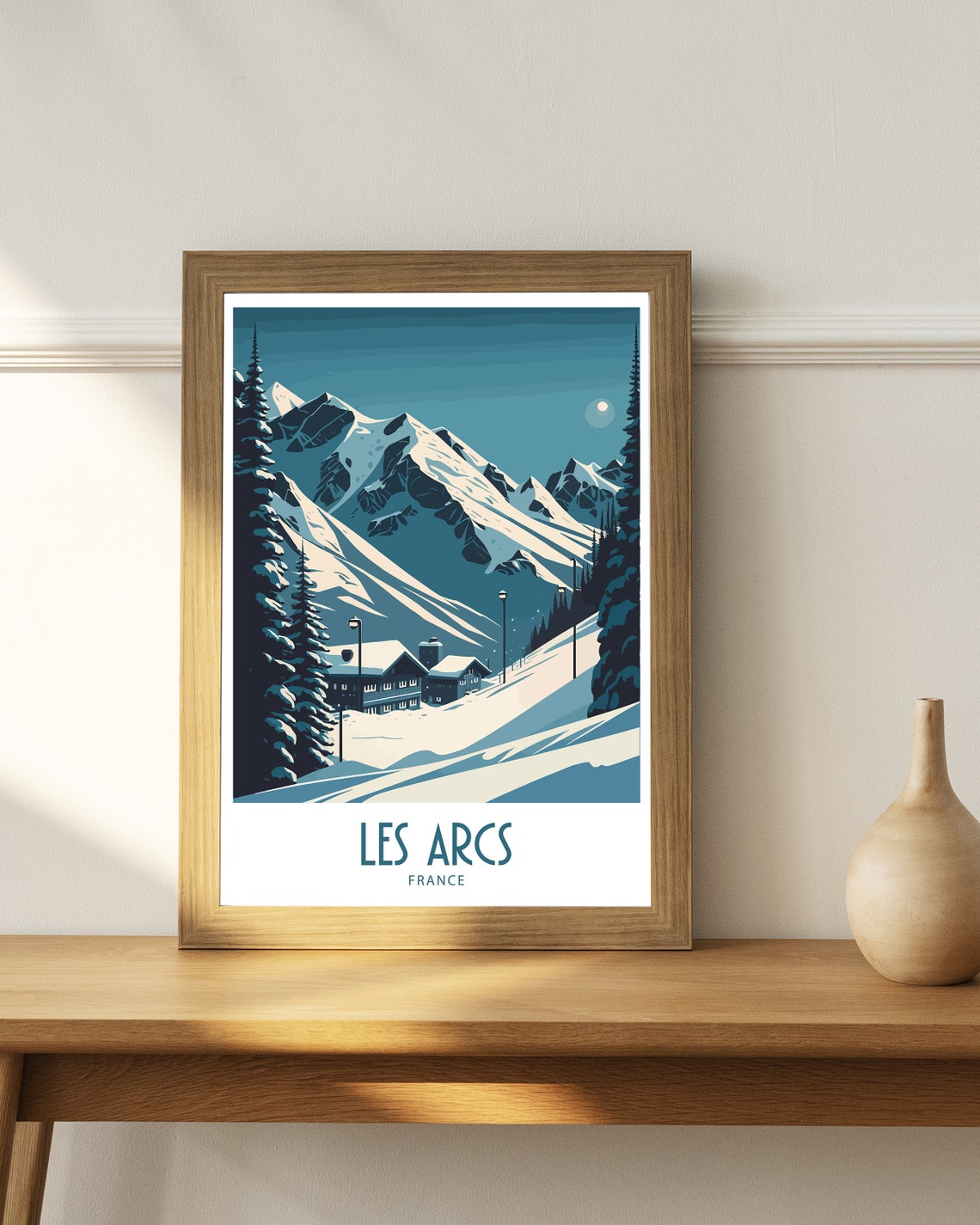 Les Arcs France Moonlit Ski Chalets Mountain Night Travel Poster - Image 3