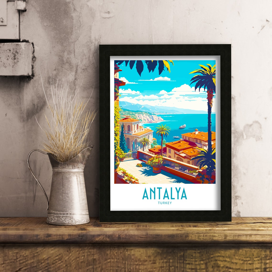 Antalya Turkey Mediterranean Terrace Palm Trees Coastal View Poster - Image 4